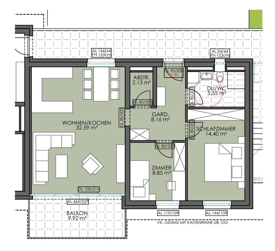 Detaillierter Grundriss einer Wohnung mit offenem Wohn-Kochbereich, Schlafzimmer und großem Balkon.