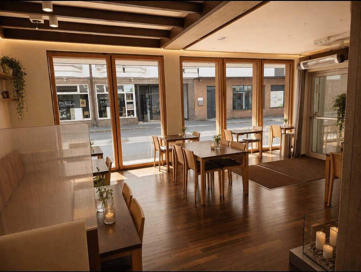 Heller Restaurantbereich mit großen Fenstern, die den Blick auf die belebte Straße freigeben.