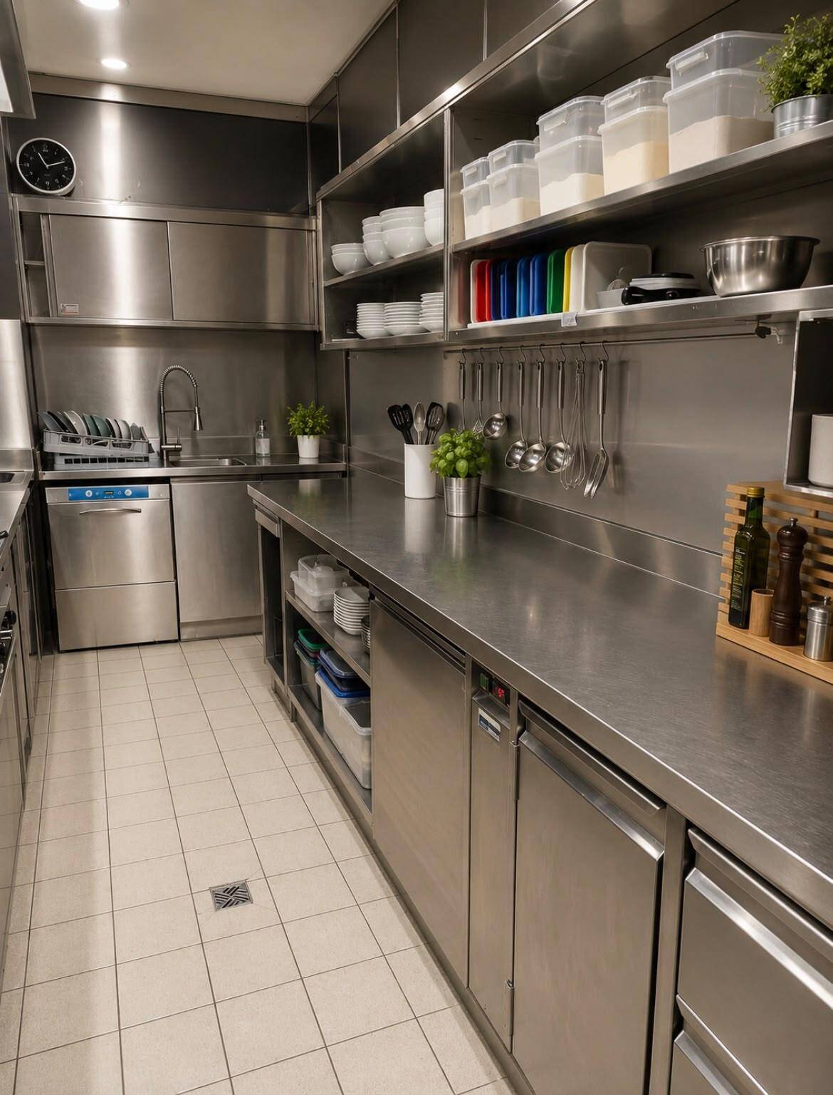 Professionelle Edelstahlküche mit Spülbereich, Regalen und Arbeitsflächen für den Gastronomiebetrieb.