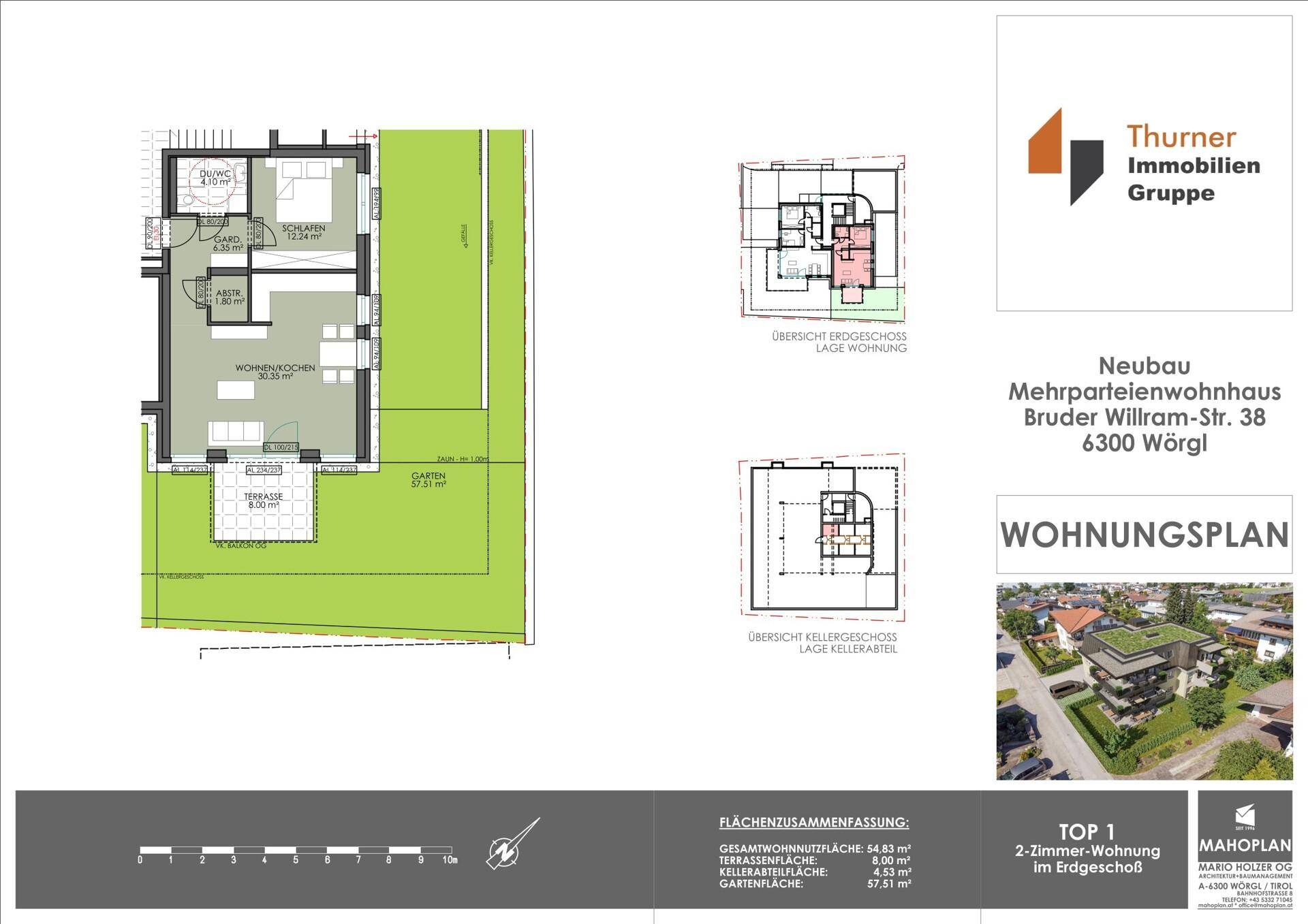 Übersichtlicher Wohnungsplan für eine 2-Zimmer-Wohnung im Erdgeschoss mit Terrasse und Gartenanteil.