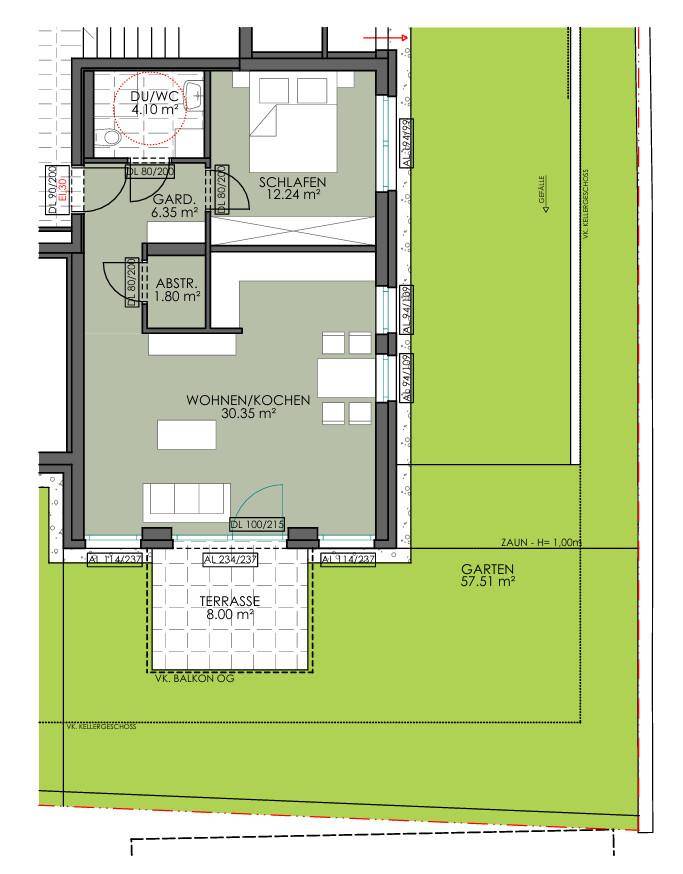 Detaillierter Grundriss einer Erdgeschosswohnung mit offenem Wohn-/Kochbereich, Schlafzimmer und Bad.