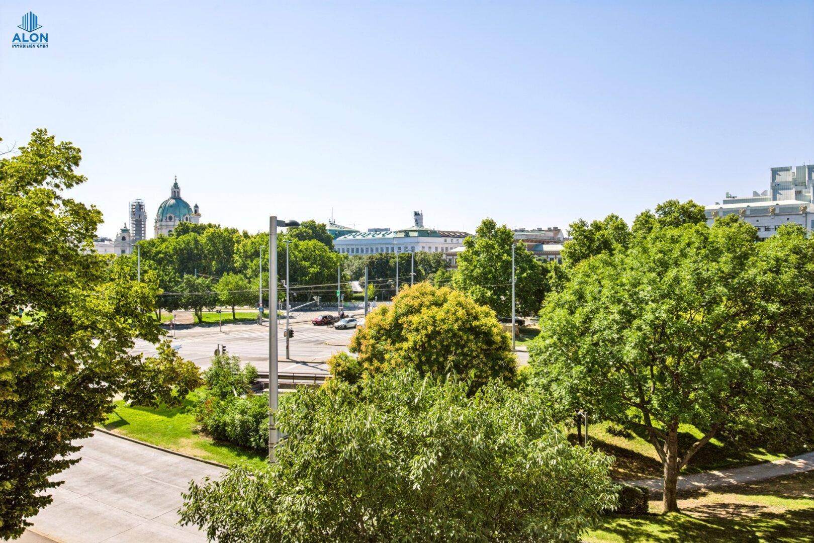 Panoramablick über die Stadt mit grünen Bäumen und historischen Gebäuden im Hintergrund unter blauem Himmel.