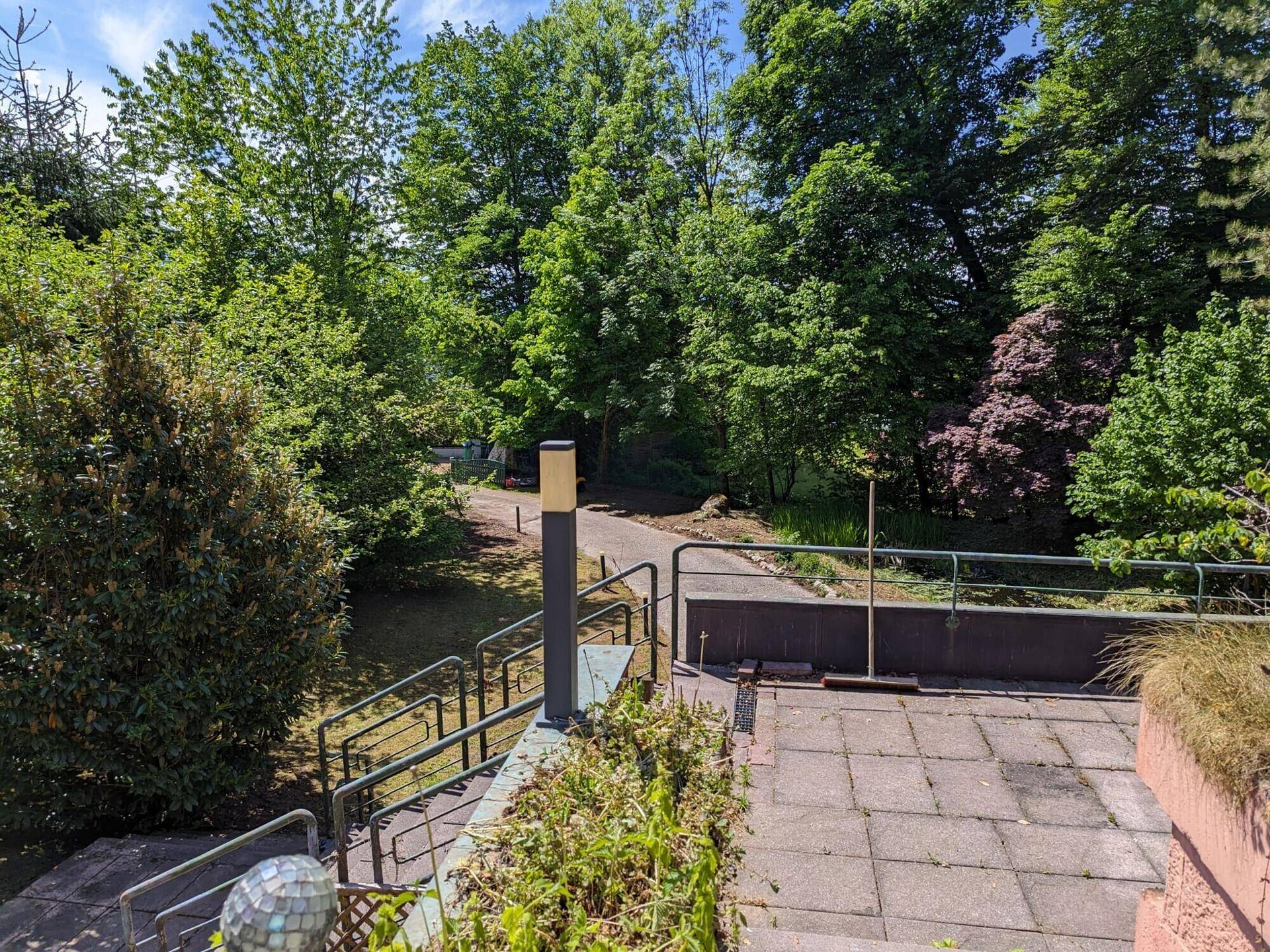 Blick von der Terrasse über das Grundstück mit Zufahrt und der umliegenden grünen Natur.