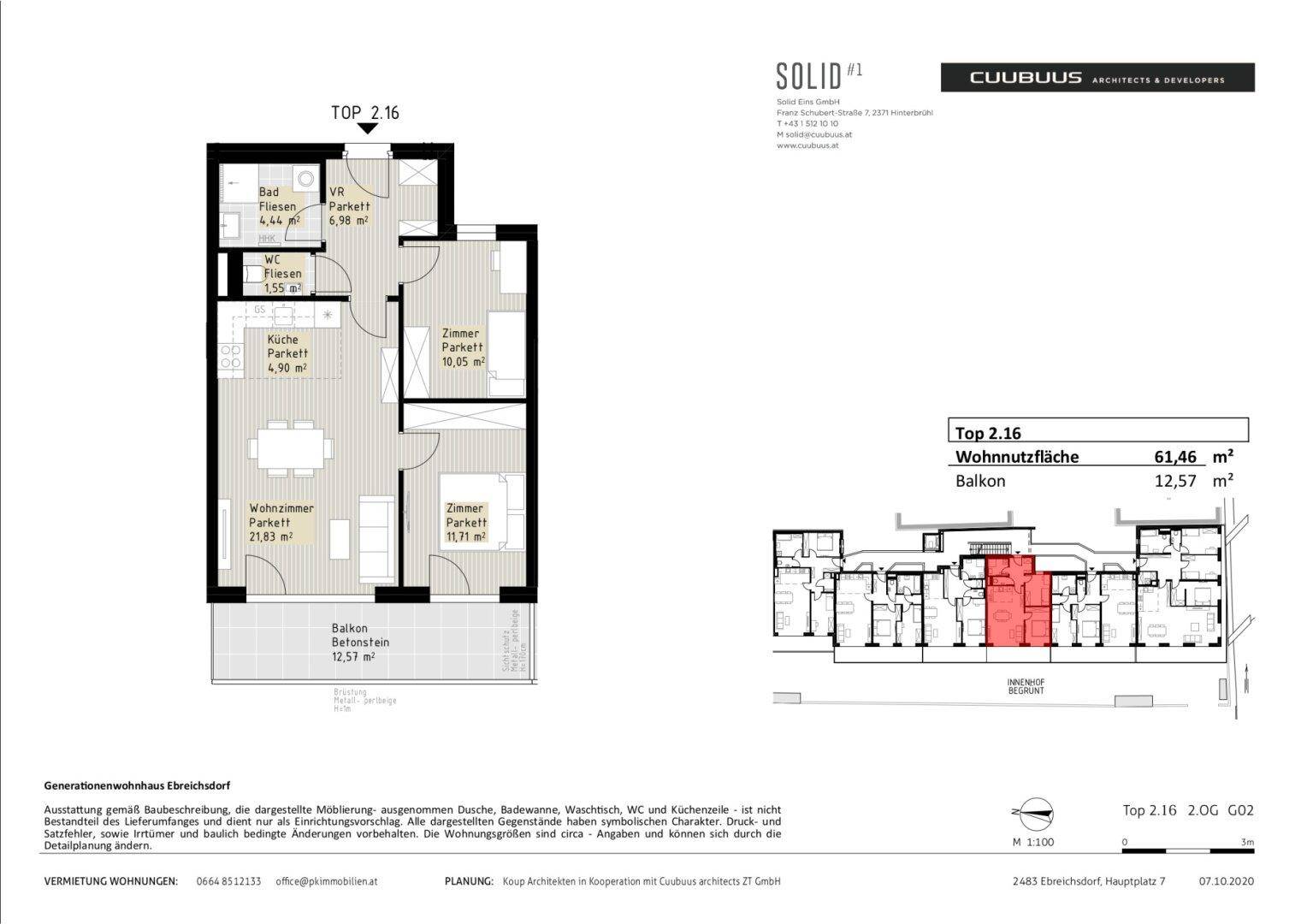 Detaillierter Grundriss der Wohnung Top 2.16 mit Wohnnutzfläche und Balkon.