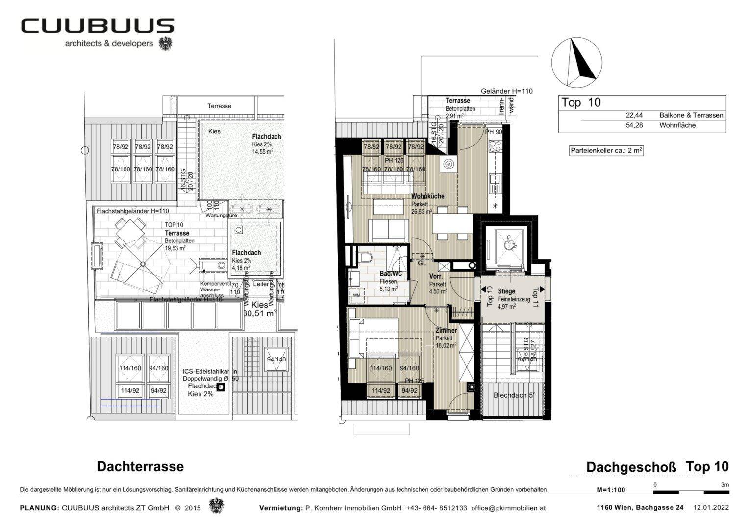 Grundriss des Dachgeschosses mit Terrasse, Wohnküche und Schlafzimmern.