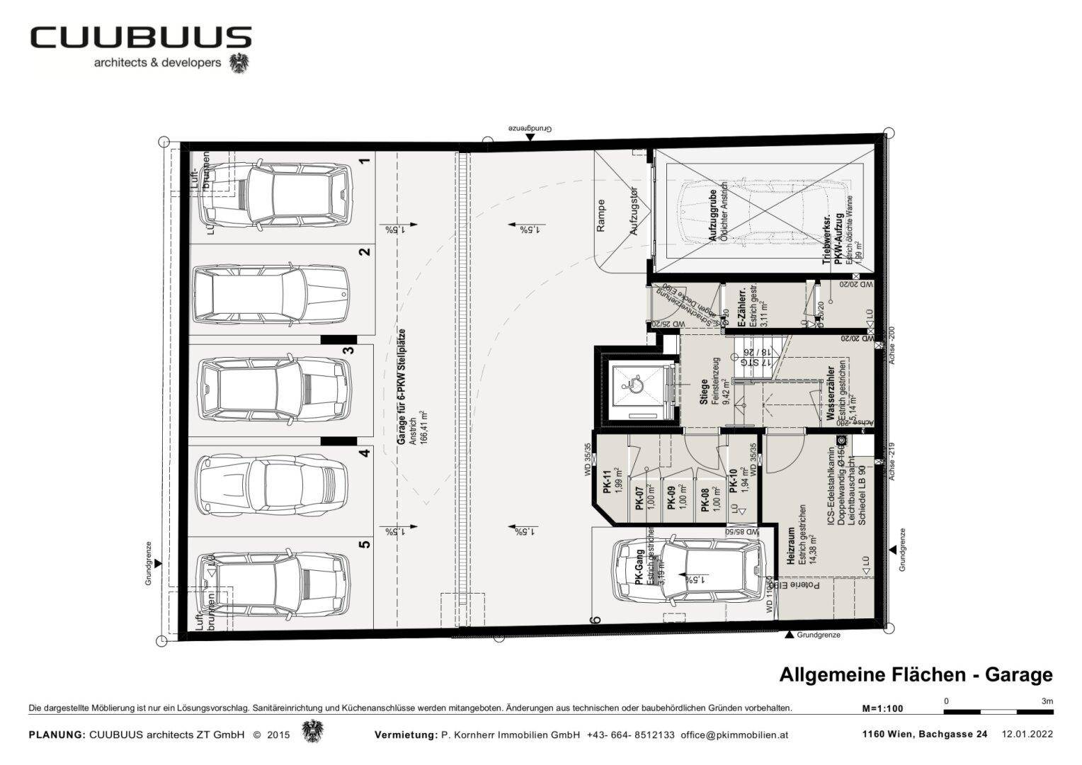Grundriss der Garage mit mehreren Stellplätzen und Zufahrtsrampe.
