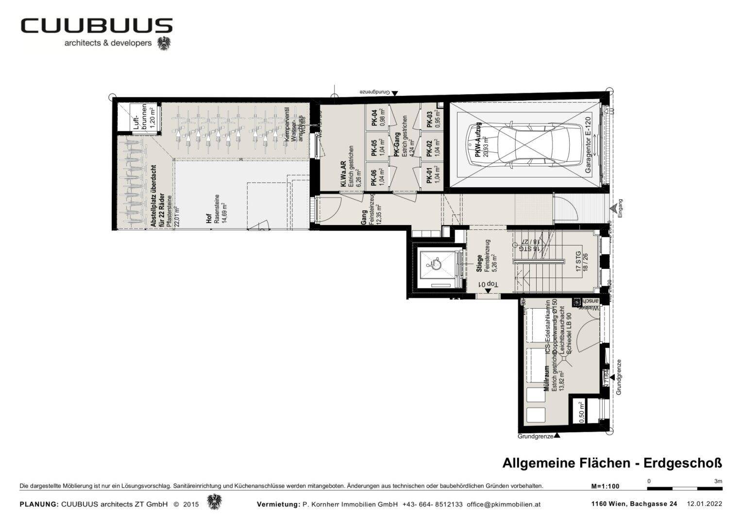 Grundriss des Erdgeschosses mit allgemeinen Flächen, Fahrradraum und Garagenzugang.