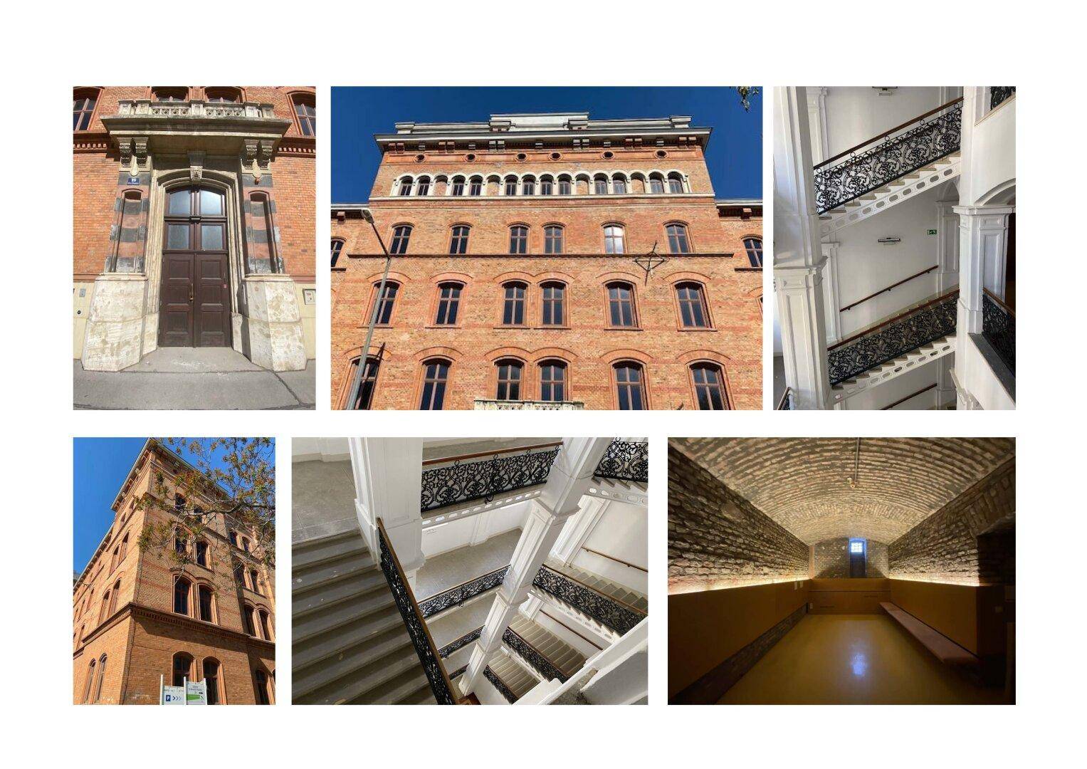 Detailansichten des historischen Gebäudes mit prächtigem Eingang, Treppenhaus und Gewölbekeller.