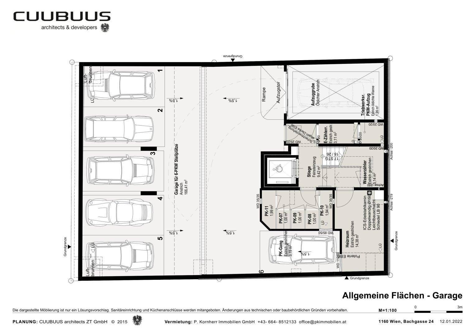 Grundriss einer Tiefgarage mit mehreren Stellplätzen, Autoaufzug und Rampe.