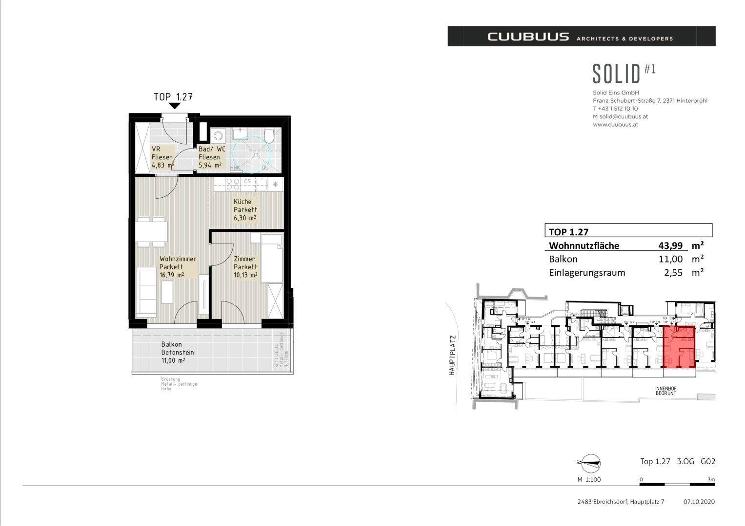 Grundriss der Wohnung TOP 1.27 mit 43,99 m² Wohnfläche, Balkon und separatem Abstellraum.