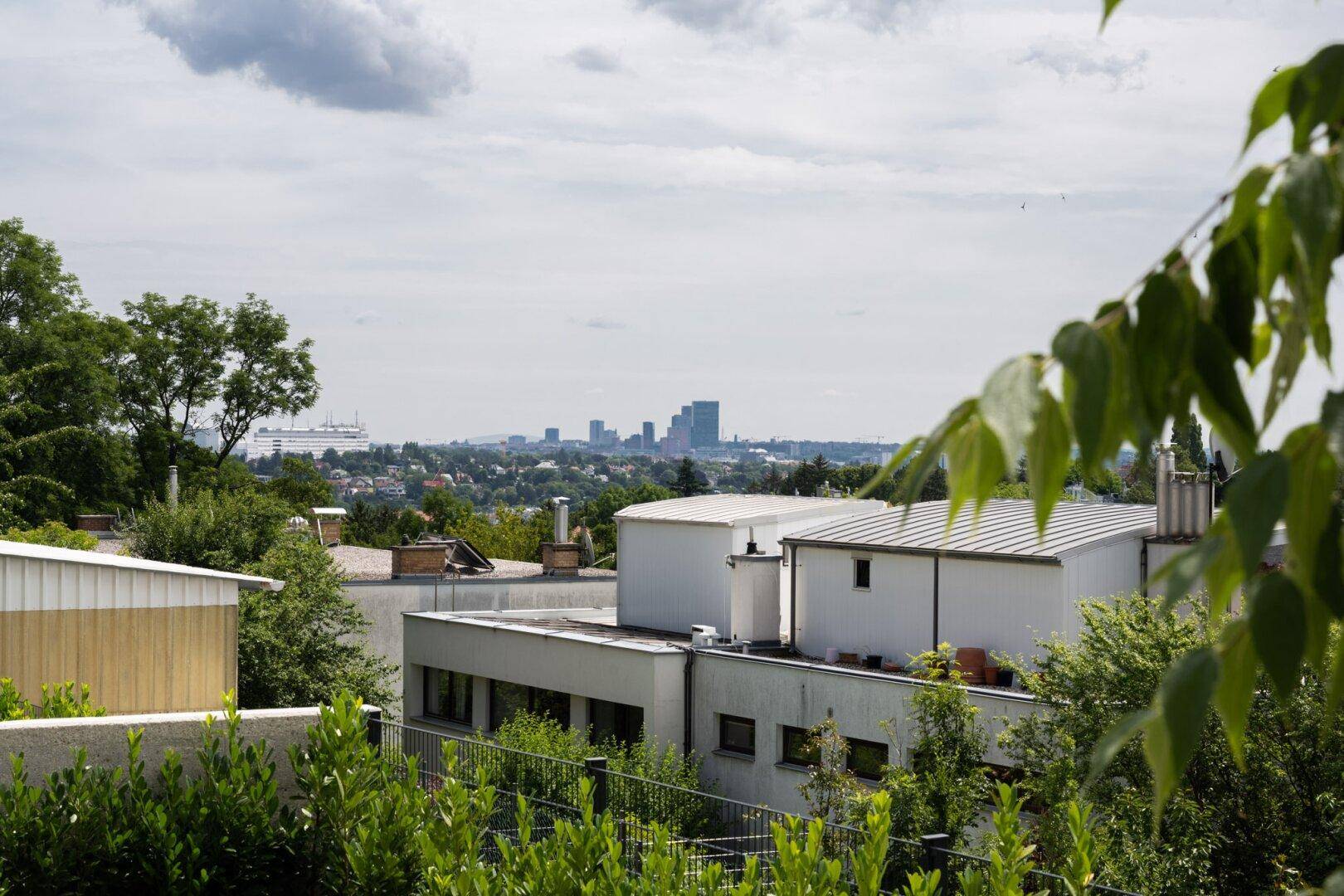 Weitblick über Dächer und Bäume auf die Skyline einer Stadt in der Ferne.