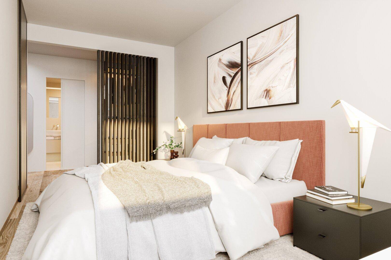 Gemütliches Schlafzimmer mit modernem Bett, Nachttisch und Kunstwerken, mit Zugang zu einem weiteren Raum.