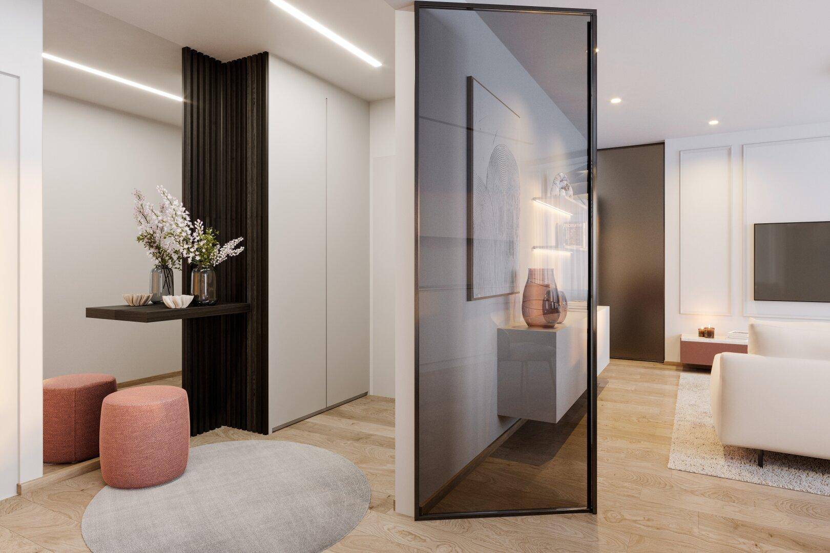 Moderner Eingangsbereich mit stilvoller Dekoration, einer eleganten Glastrennwand und Holzboden.