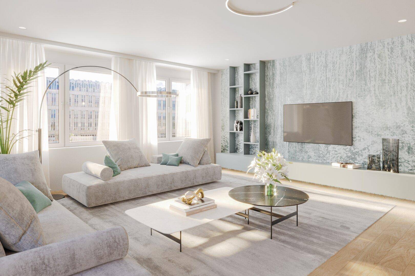Stilvolles Wohnzimmer mit großem Sofa, modernem Dekor und weitem Blick auf die Stadt.