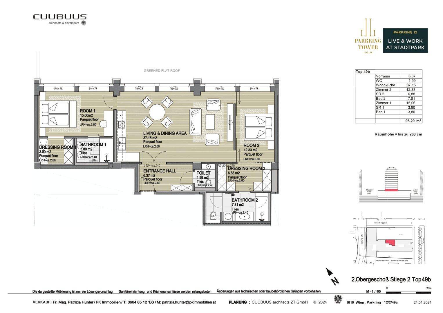 Detaillierter Grundriss einer Wohnung mit zwei Schlafzimmern und offenem Wohnbereich.