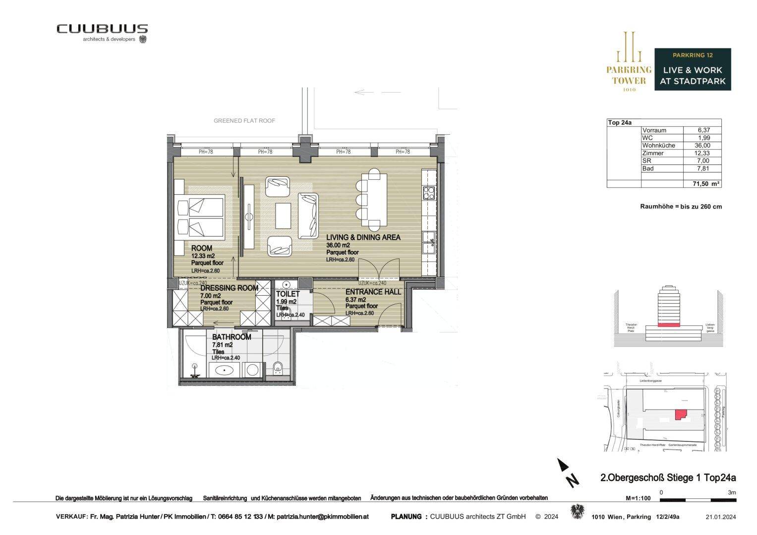 Grundriss für Top 24a zeigt Wohn-Essbereich, Schlafzimmer, Ankleidezimmer und zwei Bäder.