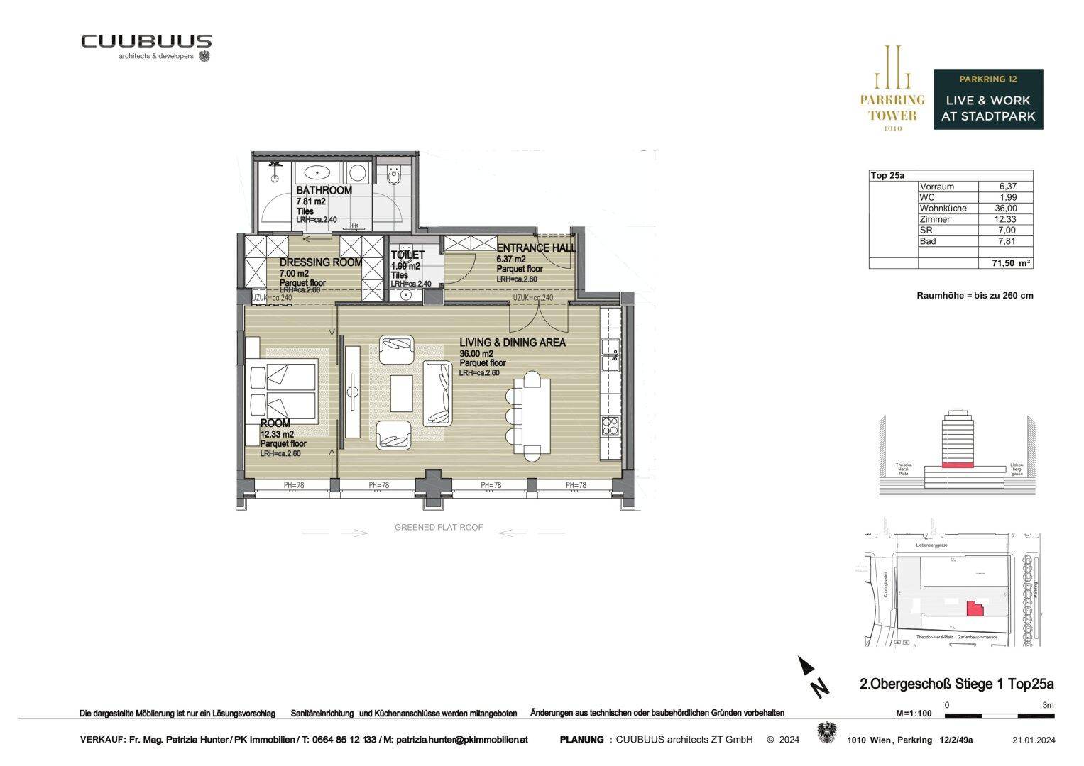 Grundriss einer Wohnung im 2. Obergeschoss mit Wohn-Essbereich, Schlafzimmer und zwei Bädern.