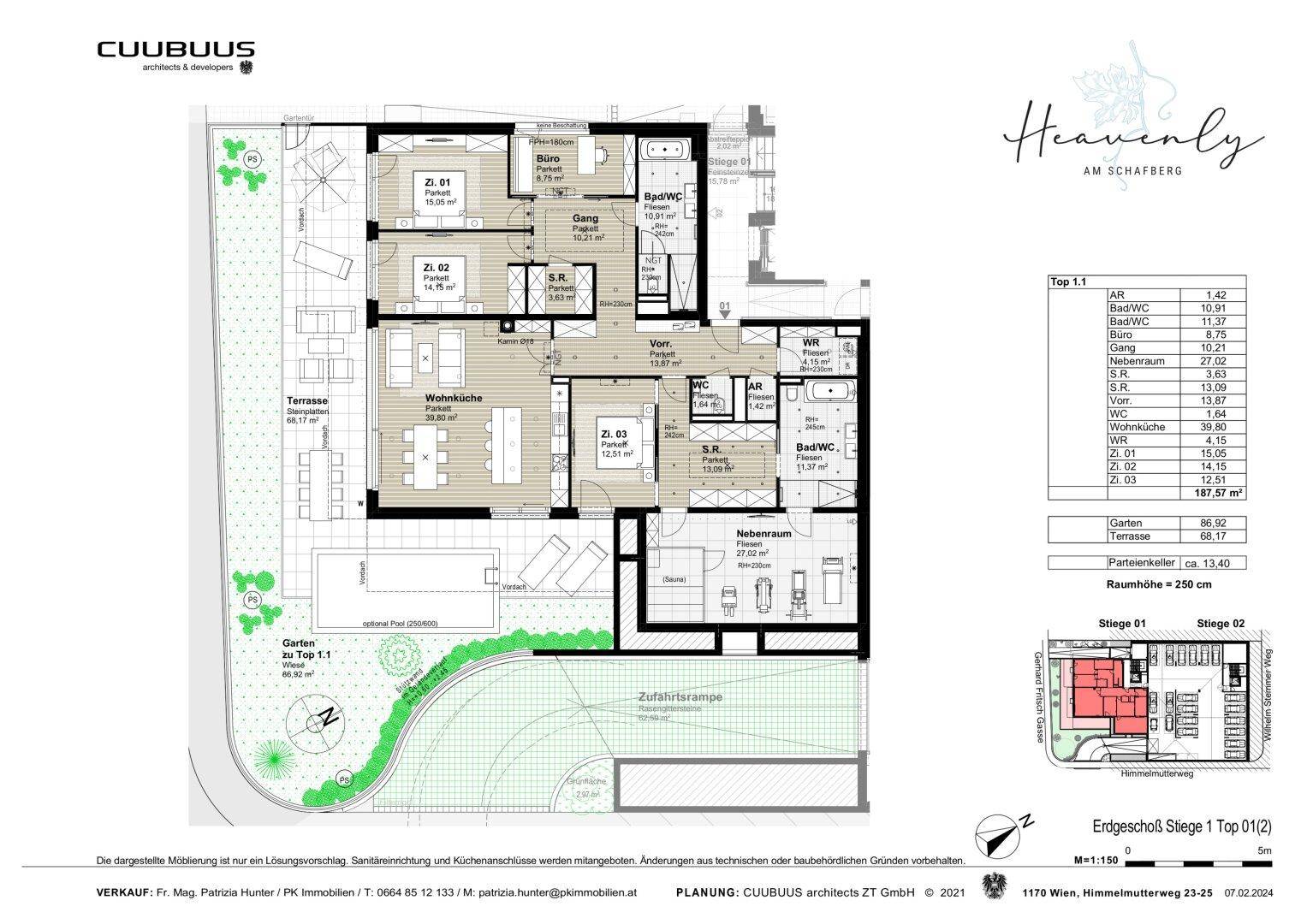 Grundriss einer modernen Gartenwohnung mit offener Wohnküche, großer Terrasse, privatem Garten und Pool.