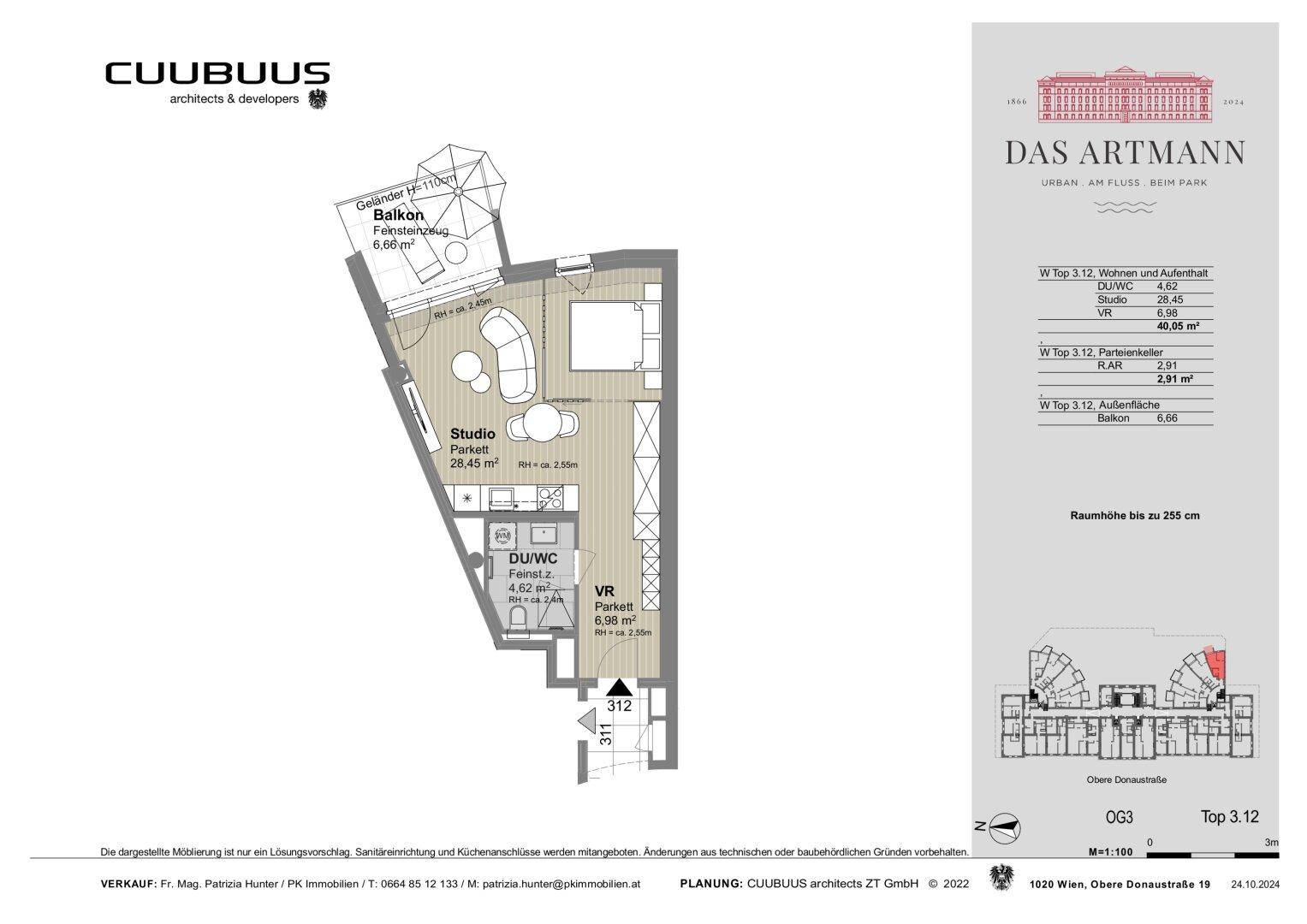 Grundriss eines Studio-Apartments im dritten Obergeschoss mit Wohn-/Schlafbereich, Küche und Balkon.