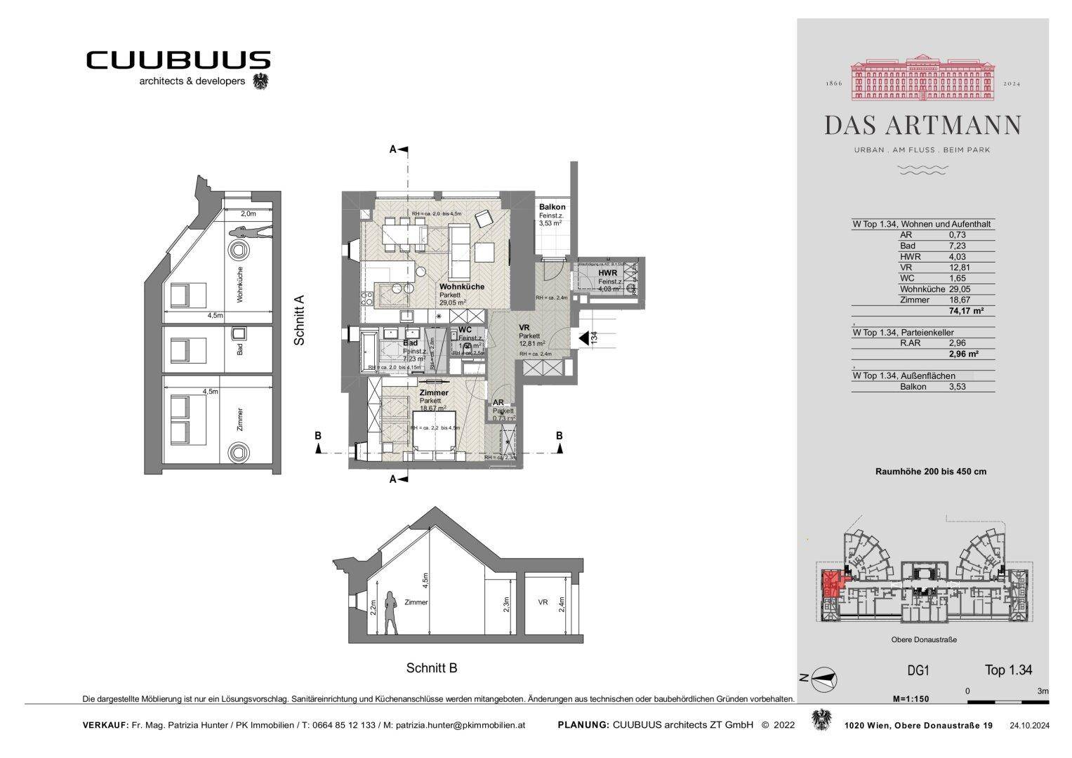 Grundriss einer Dachgeschosswohnung mit offenem Wohnbereich, Schlafzimmer, Bad und Balkon, inklusive Schnitte.