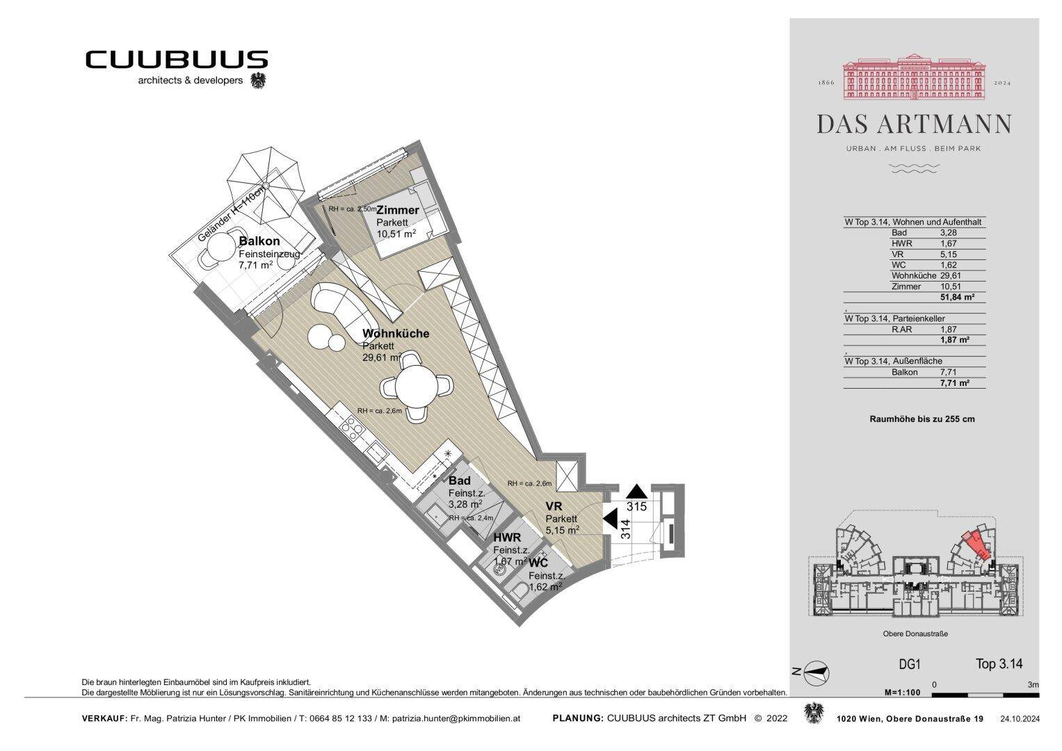 Grundriss der Wohnung Top 3.14 mit offener Wohnküche, Bad, WC und Balkon.