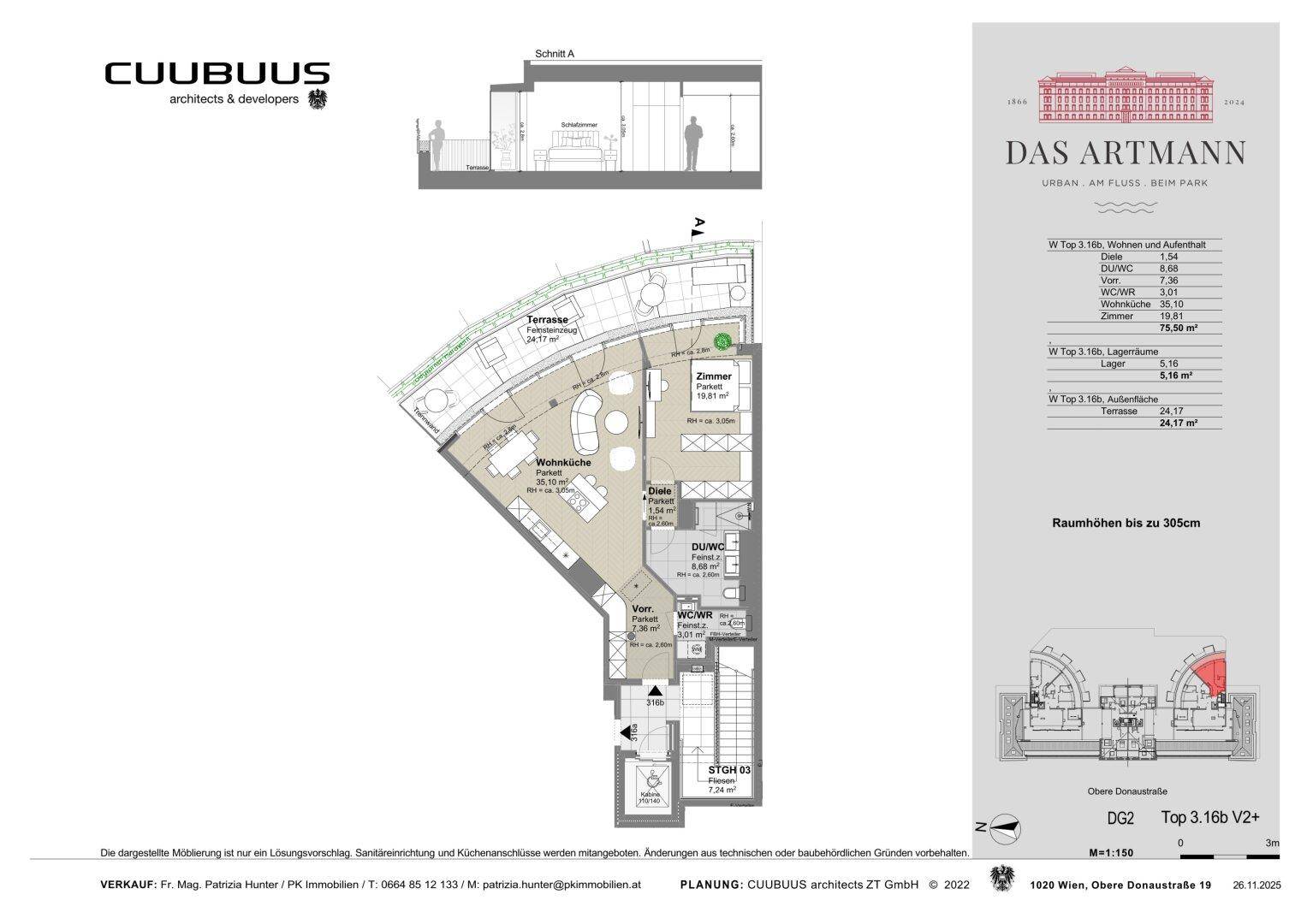 Grundriss einer Dachgeschosswohnung mit Terrasse, Wohnküche und Schlafzimmer.