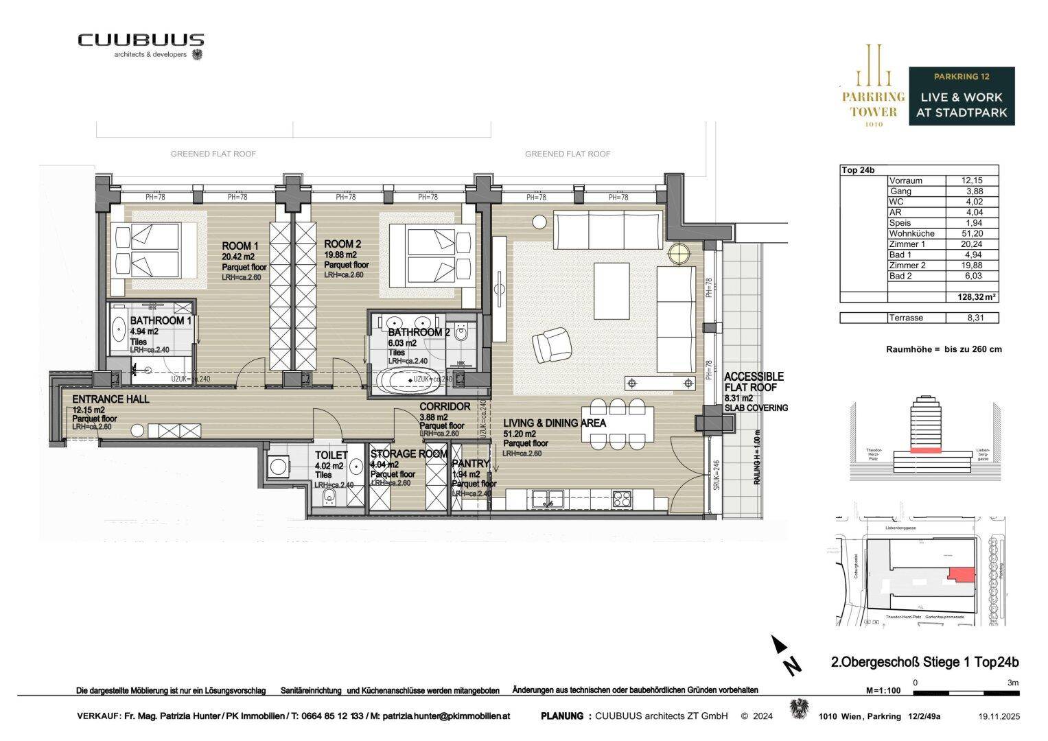 Grundriss einer Wohnung mit zwei Schlafzimmern, zwei Bädern, offenem Wohn-Essbereich und zugänglicher Dachterrasse.