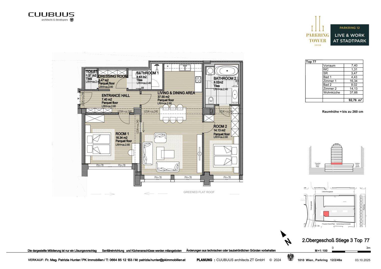 Dieser Grundriss zeigt eine moderne Wohnung mit offenem Wohn-Essbereich, zwei Schlafzimmern und zwei Bädern.