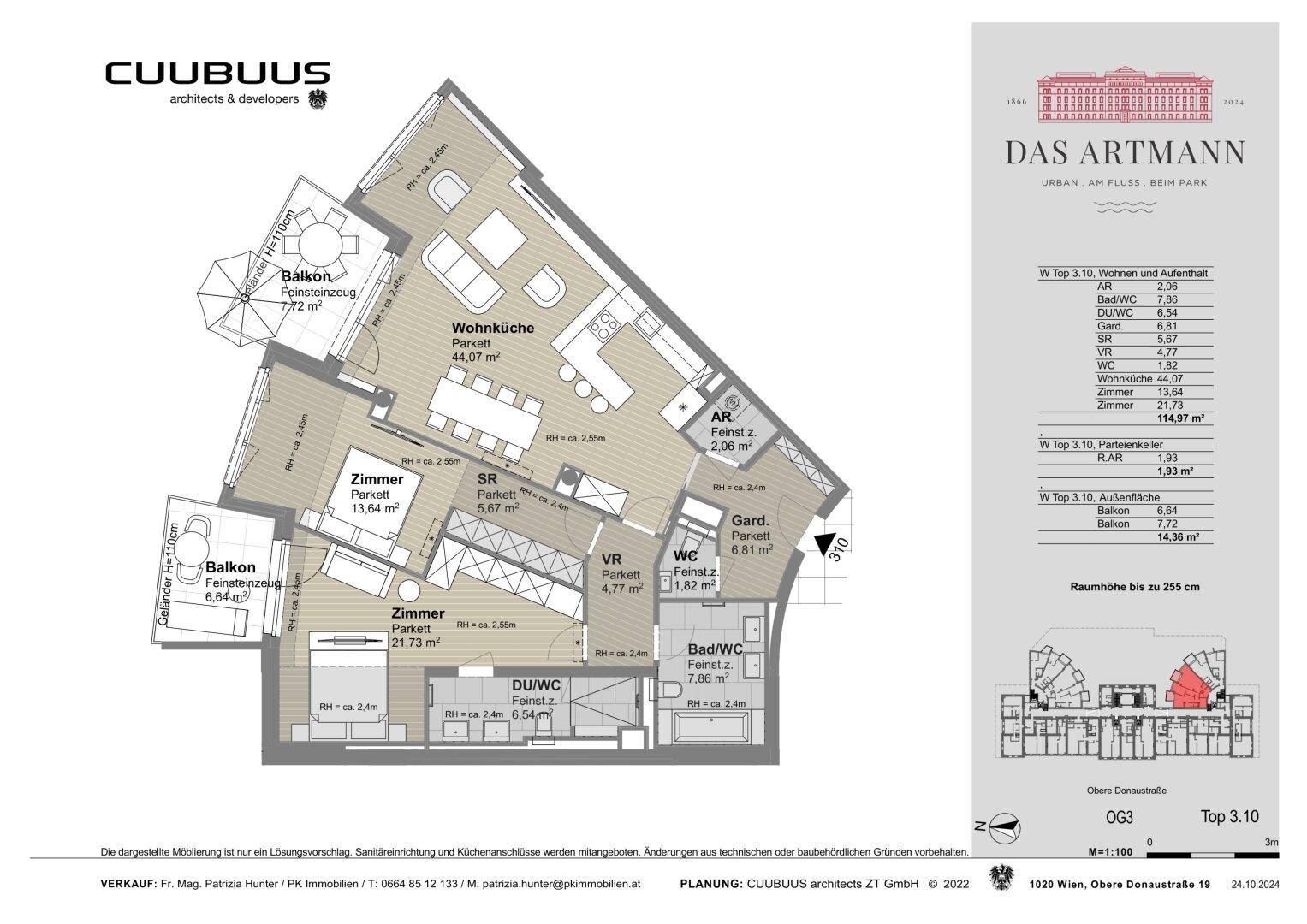 Grundriss der Wohnung Top 3.10 mit Balkonen und offenem Wohnbereich.