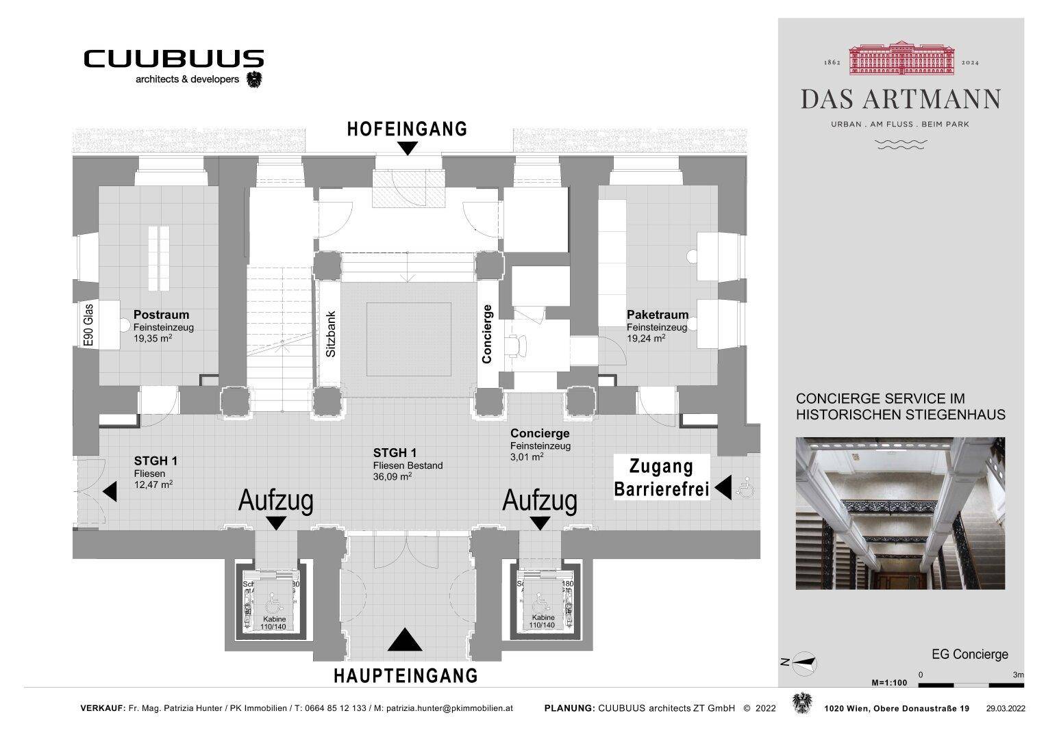 Grundriss des Erdgeschosses mit Concierge-Service, Postraum und barrierefreiem Zugang.