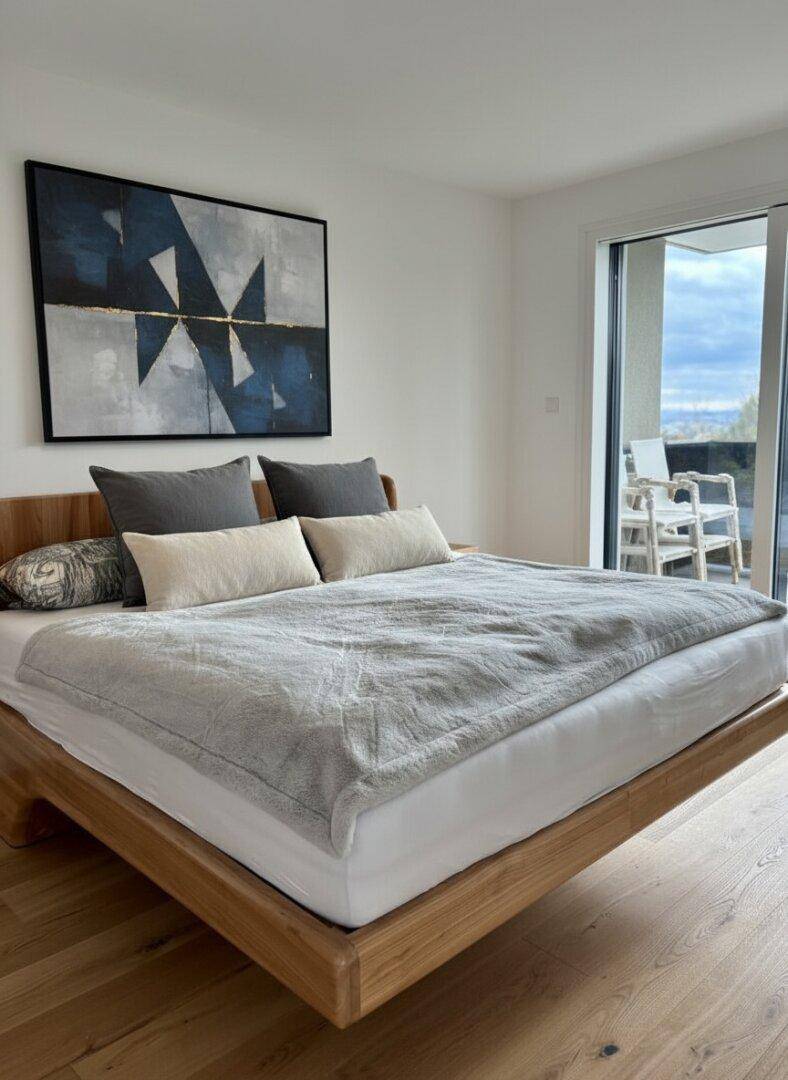Schlafzimmer mit Holzbett, modernem Kunstwerk und Balkonzugang.
