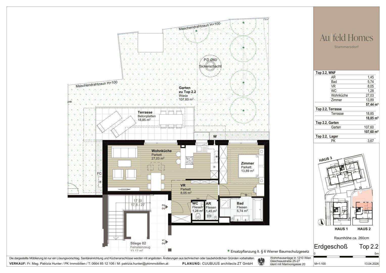 Grundriss für Top 2.2 im Erdgeschoss mit Wohnküche, Zimmer, Bad, WC und großem Garten.
