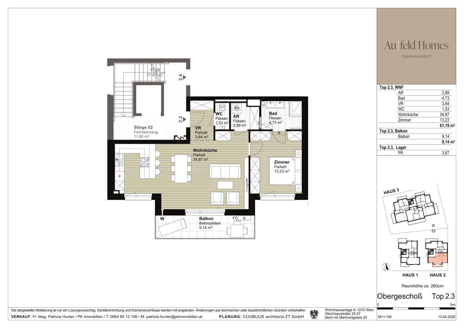 Grundriss des Obergeschosses Top 2.3 mit Wohnküche, Schlafzimmer, Bad und Balkon.
