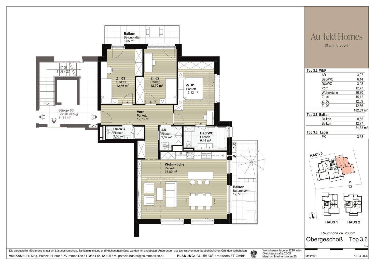 Grundriss der Wohnung Top 3.6 mit 3 Zimmern, zwei Bädern und zwei Balkonen.