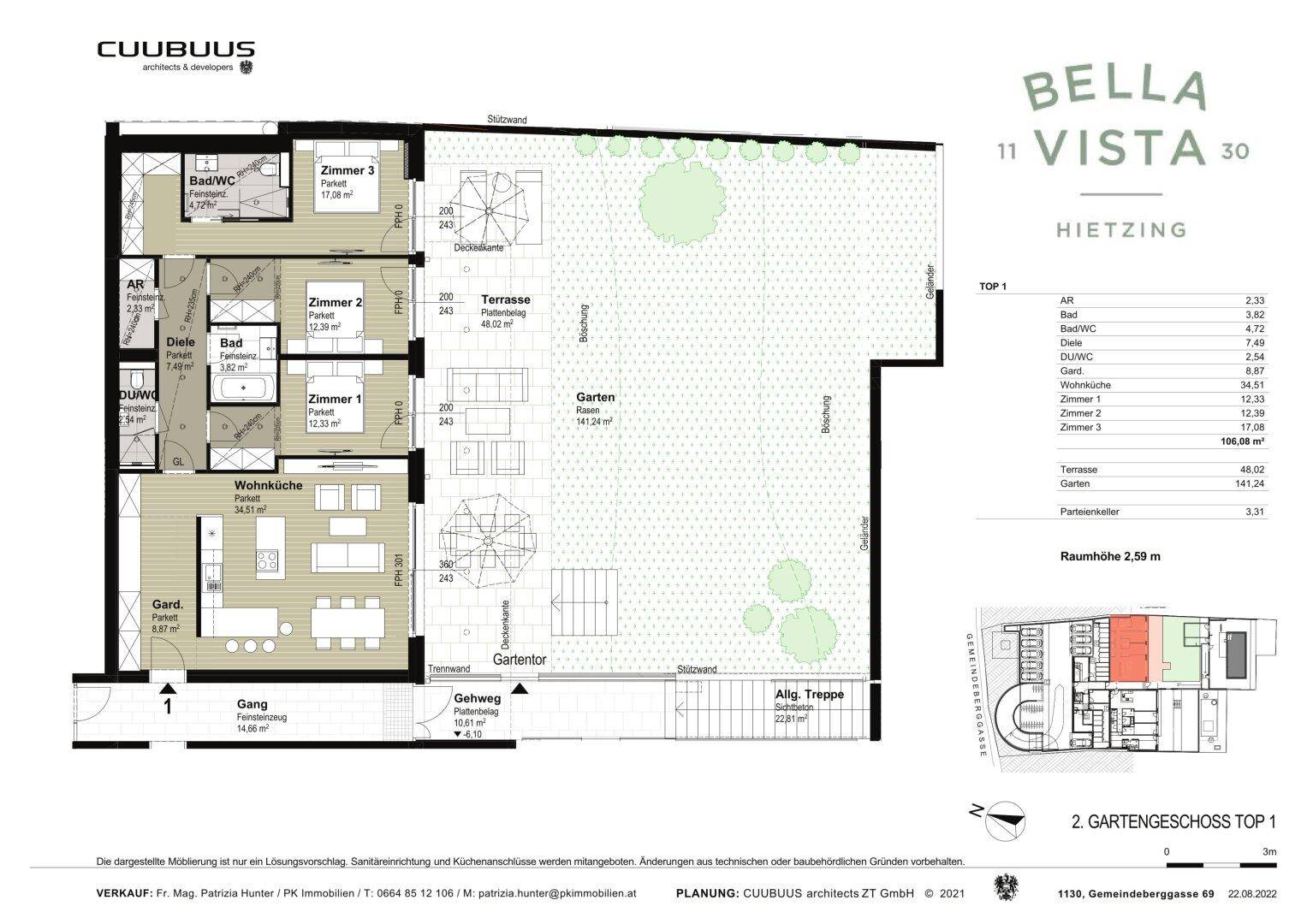 Grundriss der Gartenwohnung Top 1 mit drei Zimmern, offener Wohnküche, zwei Bädern und großer Terrasse.