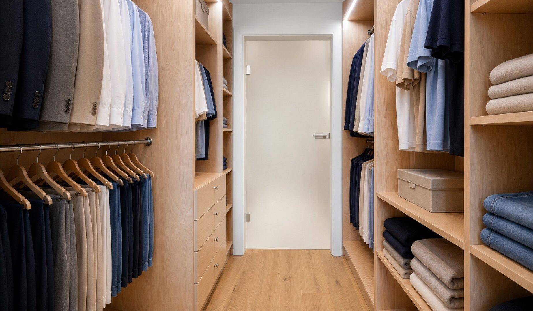 Begehbarer Kleiderschrank mit maßgefertigten Holzregalen und viel Stauraum.