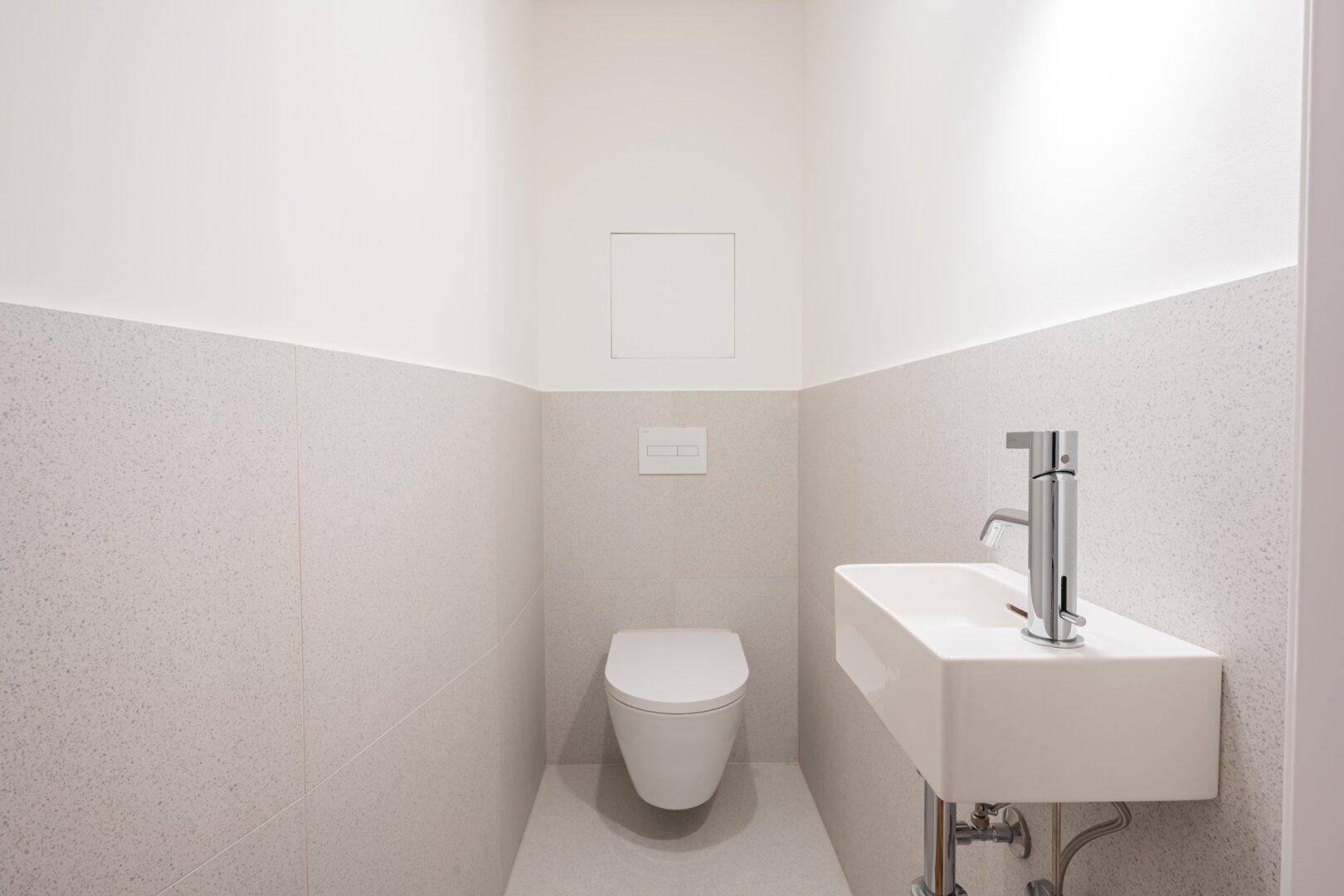 Separates Gäste-WC mit wandhängender Toilette und modernem Waschbecken.