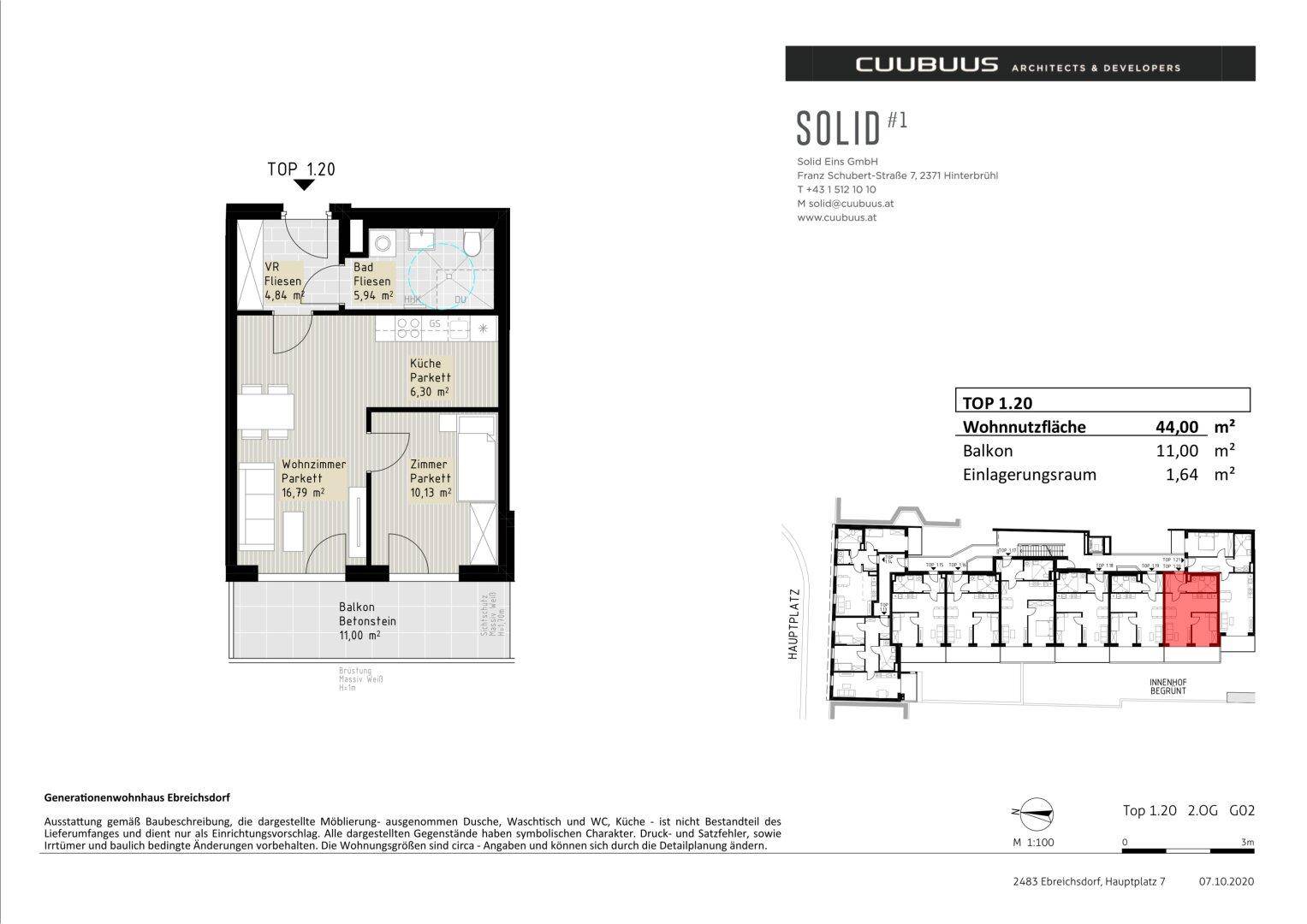Detaillierter Grundriss einer Wohnung mit Wohnzimmer, Schlafzimmer, separater Küche, Bad und Balkon.