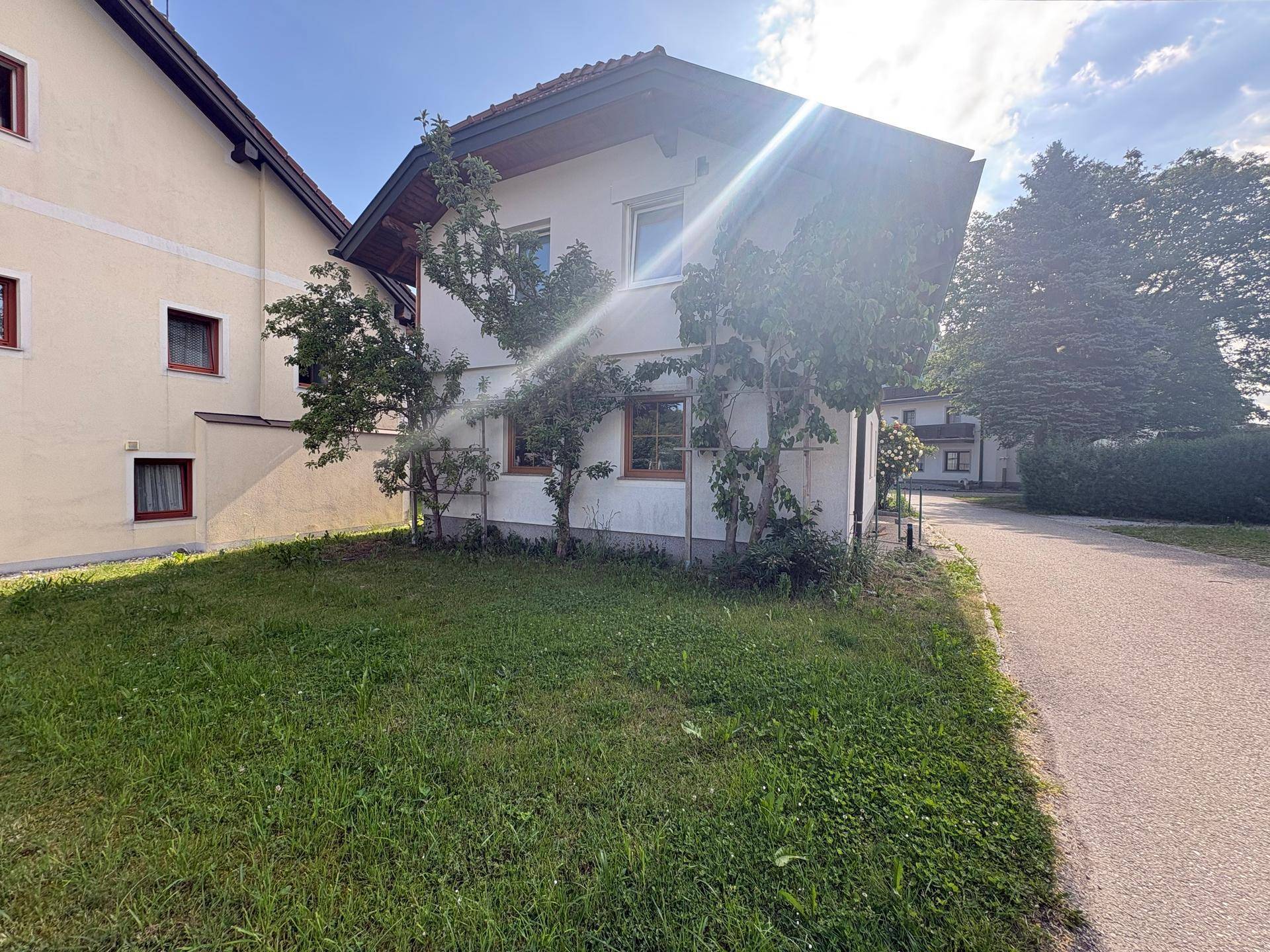 Seitenansicht des Hauses mit Rasenfläche und Bäumen, beleuchtet von der strahlenden Sonne.