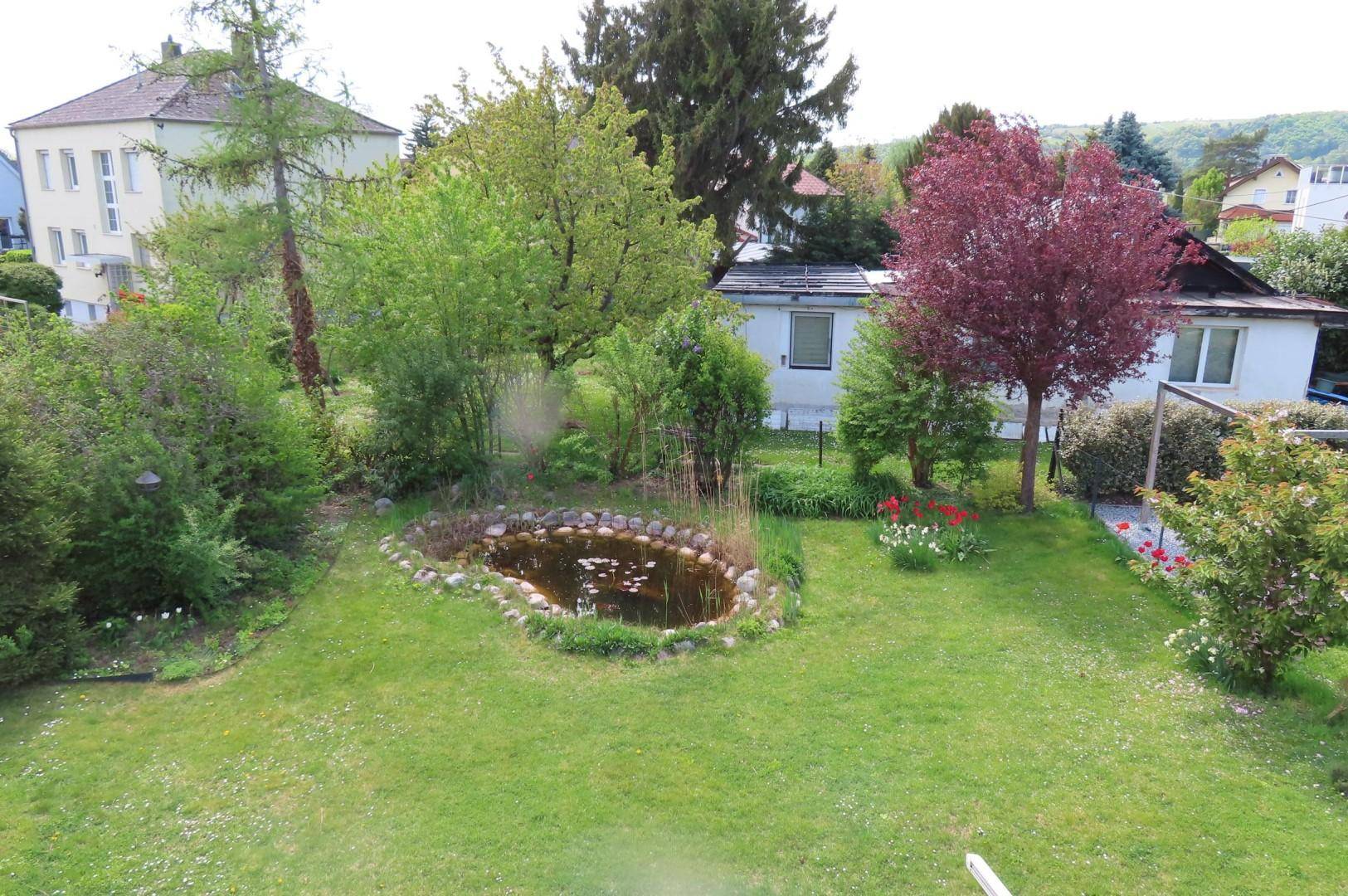 Gartenansicht von oben mit einem kleinen Teich, umgeben von Bäumen und weiteren Gebäuden im Hintergrund.