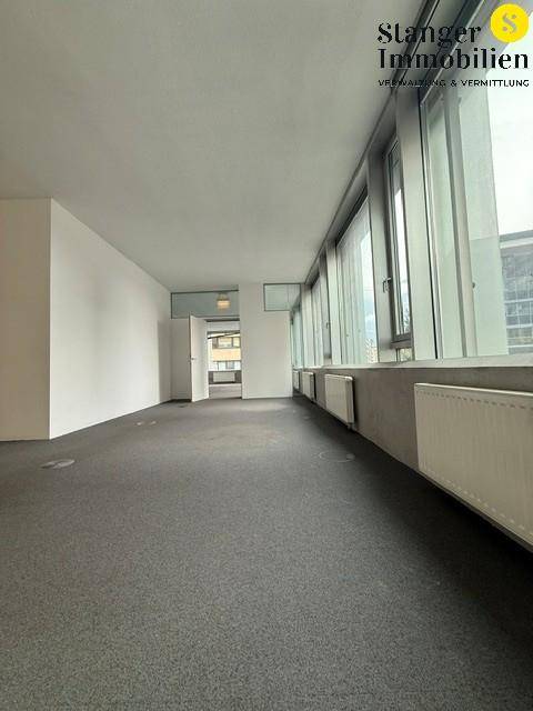 Langer Büroraum mit durchgehender Fensterfront, grauem Teppich und weiß gestrichenen Wänden.