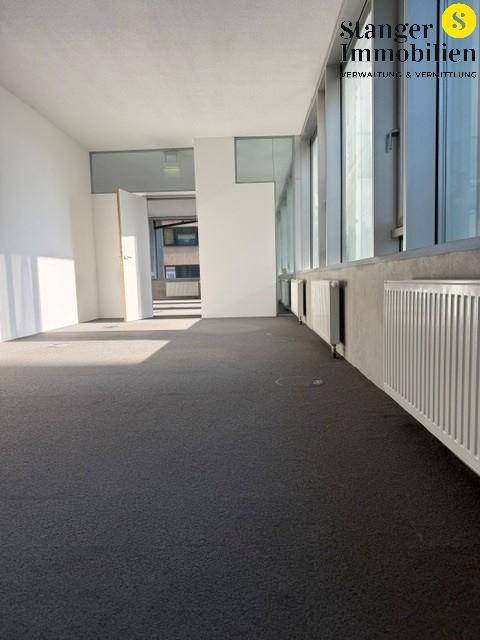 Langer Büroraum mit großen Fenstern, die viel Tageslicht hereinlassen, und Heizkörpern unter den Fenstern.