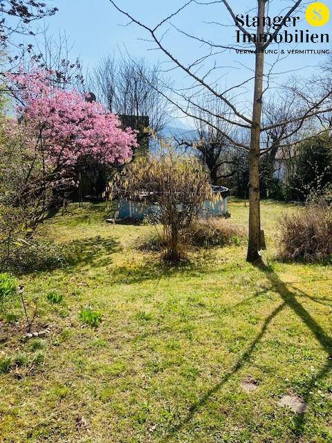 Gepflegter Gartenbereich mit Rasenfläche, blühenden Bäumen und einem Aufstellpool.