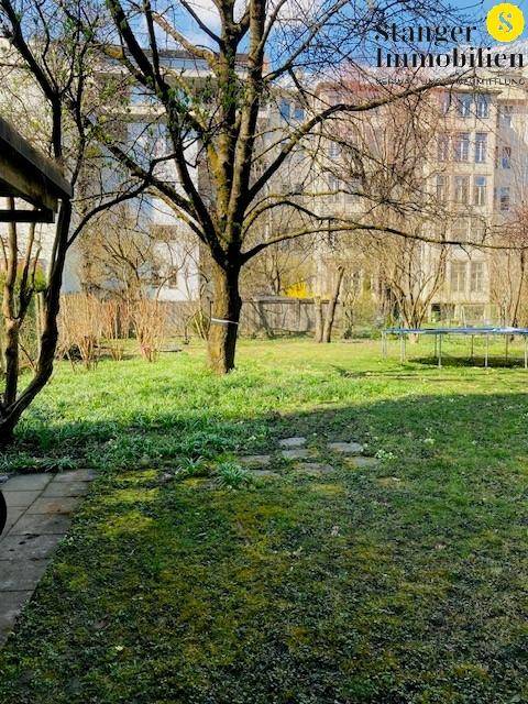 Sonniger Gemeinschaftsgarten mit Rasenfläche, Bäumen, Trampolin und Bergblick.