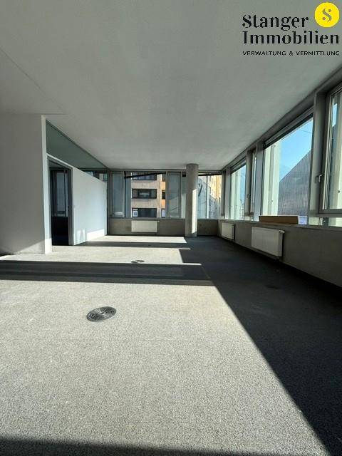 Geräumiger Bürobereich mit durchgehenden Fenstern und Teppichboden, der viel natürliches Licht bietet.