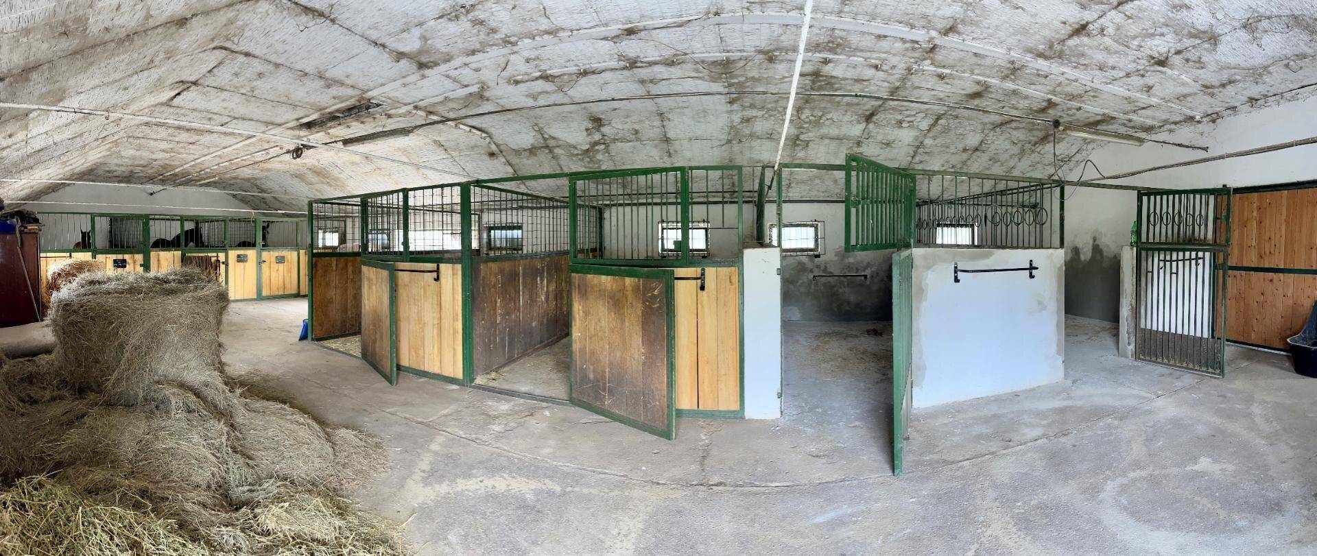 Innenansicht eines Stalls mit mehreren Pferdeboxen, Heuballen und einem gewölbten Dach.
