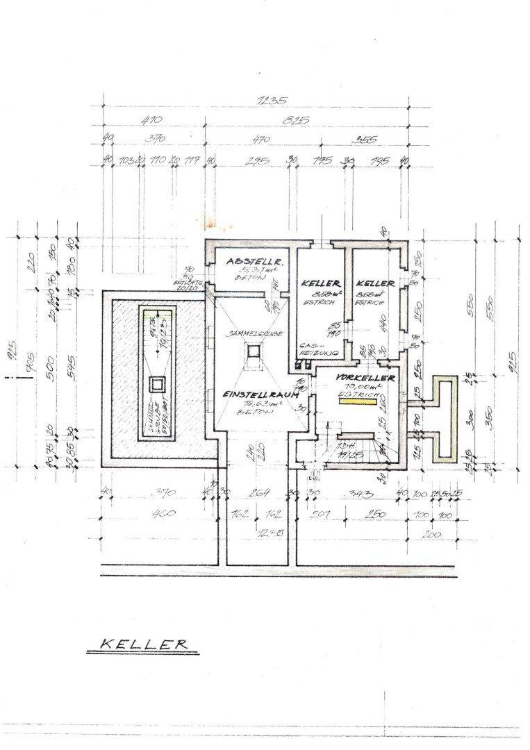 Grundriss des Kellers mit Abstellräumen, Heizraum und Vorratskeller.
