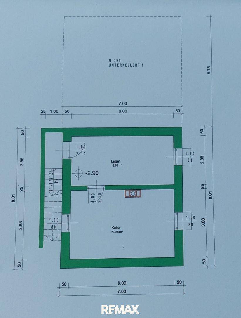 Grundriss des Kellergeschosses mit Lagerraum und Kellerbereich.