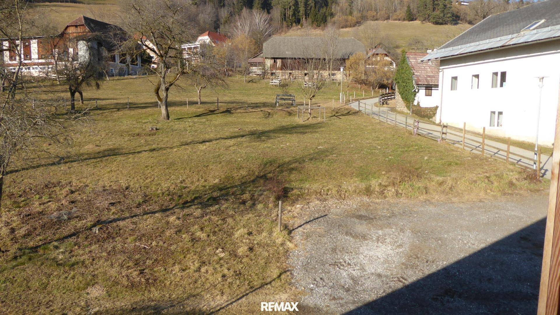 Große Grünfläche des Grundstücks mit Bäumen und Blick auf die umliegenden Häuser.