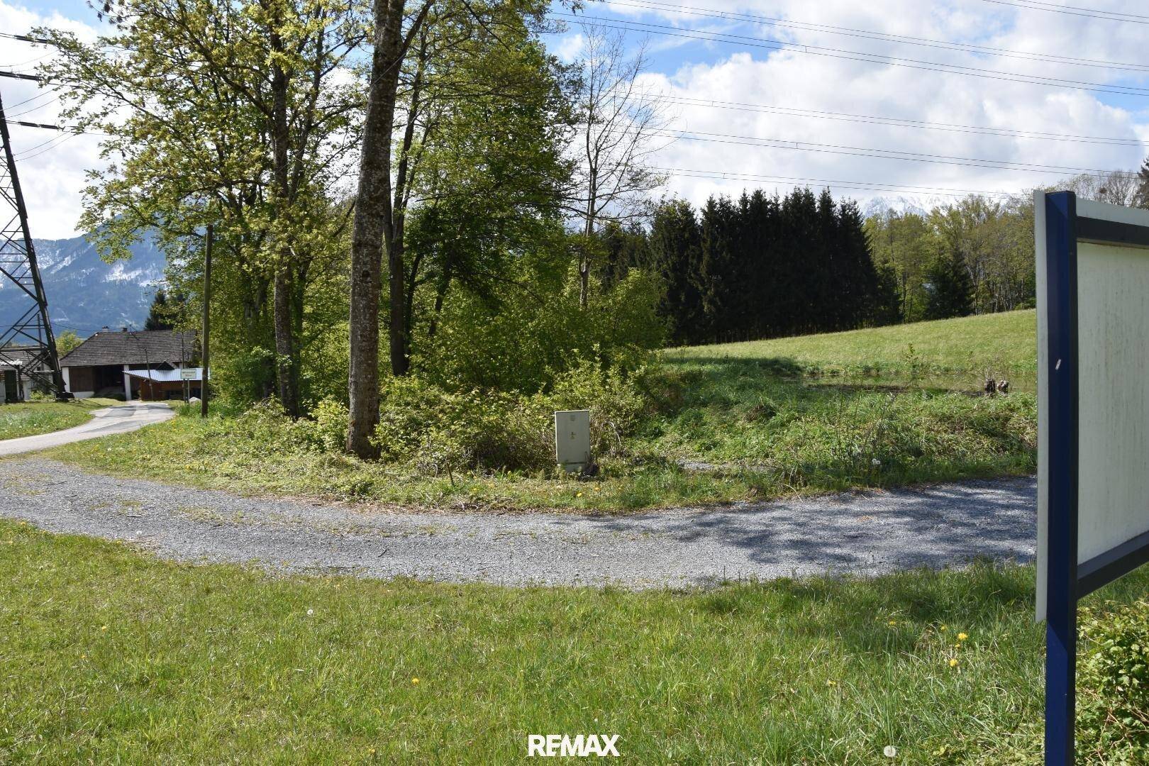 Ein Schotterweg gabelt sich in einer ländlichen Umgebung mit Bäumen und einem Gebäude im Hintergrund.